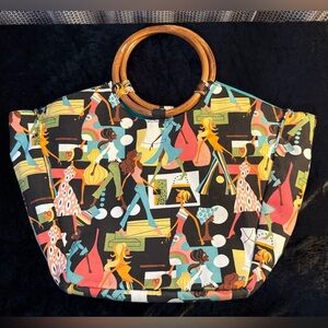 Neiman Marcus Stylish Multicolor Tote Bag with Bamboo Handles🩵